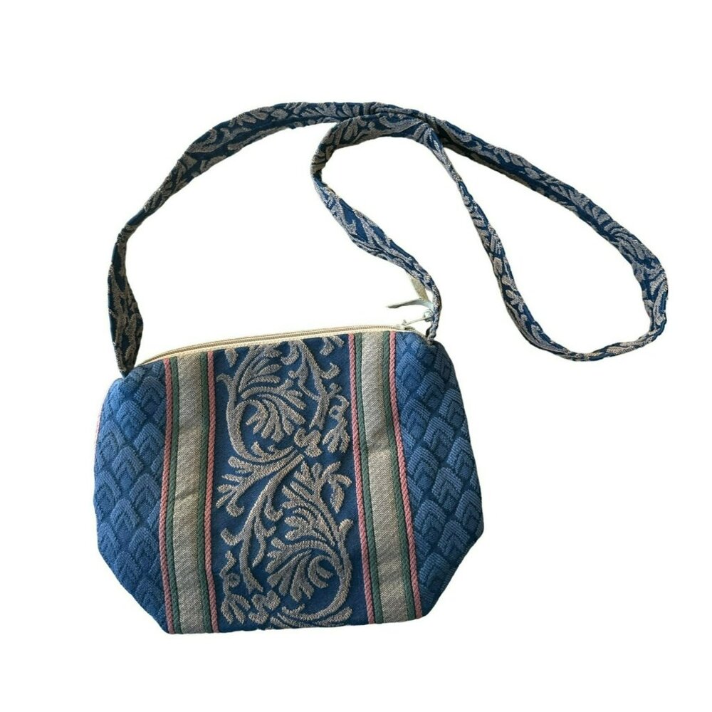 Vintage Tapestry Small Blue Shoulder Bag With Zipper Closure